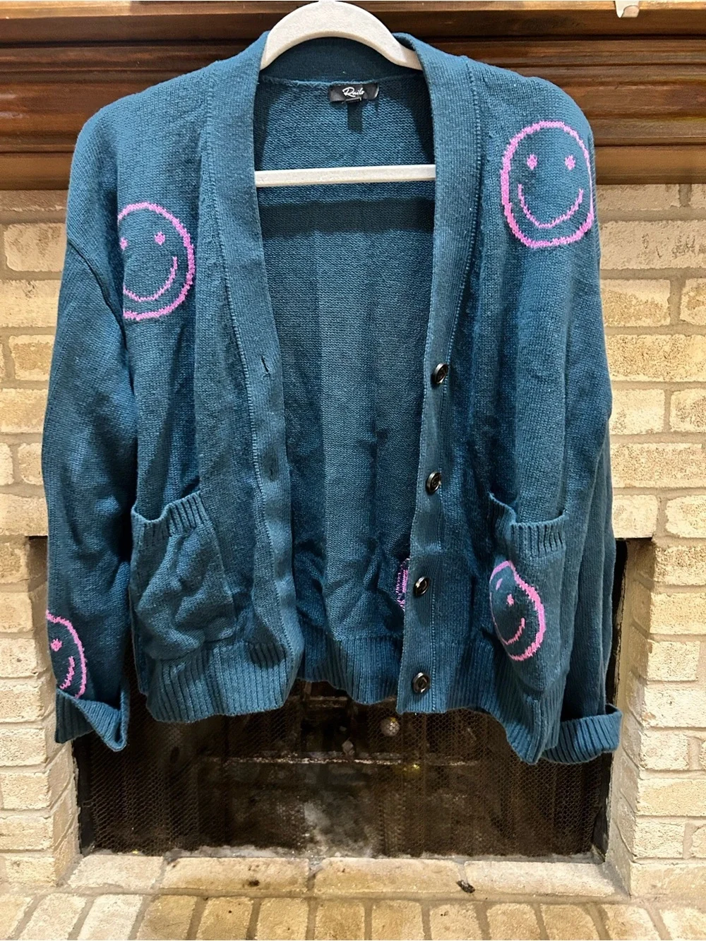Rails Teal V-Neck Cardigan with Pink Smiley Details EUC